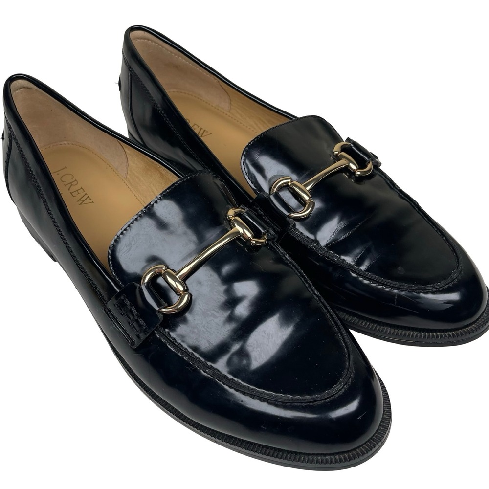 J.Crew Academy Loafers Women 10 Black Faux Patent Leather Gold Horsebit Classic